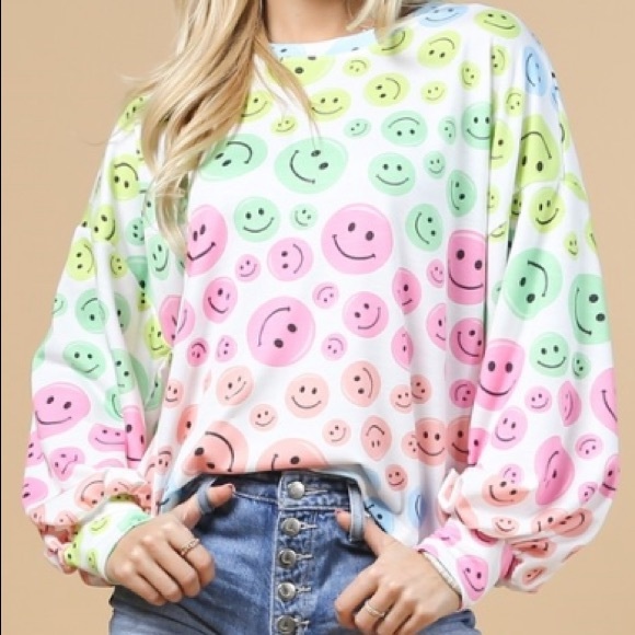 Happy Face Colorful French Terry Pullover/Top - Picture 5 of 6